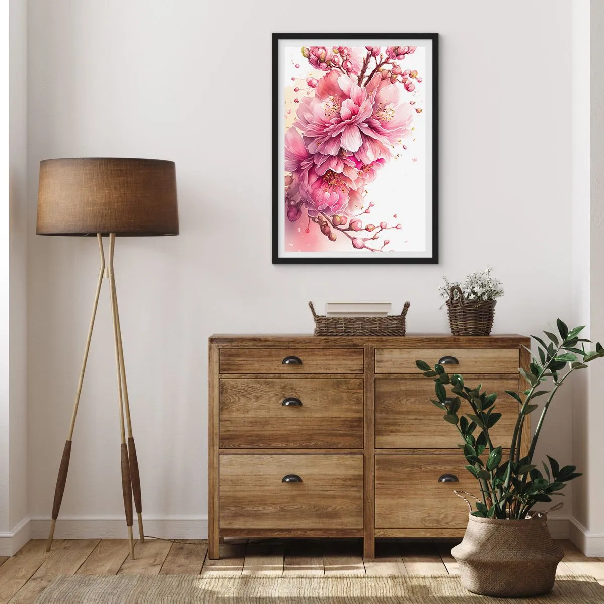 Poster in cornice nera - Delicati fiori di ciliegio rosa in piena fioritura su uno sfondo chiaro - 50x70cm - Fiore di ciliegio - Decorazione murale moderna per soggiorno e camera da letto ARTTOR