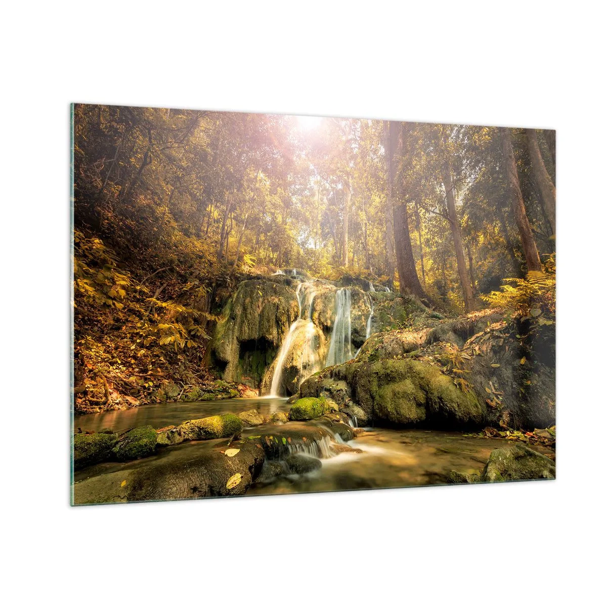 Quadro su vetro - Cascata nella foresta nel verde - 100x70cm - Cascata boschiva in verde - Decorazione murale moderna per soggiorno e camera da letto ARTTOR