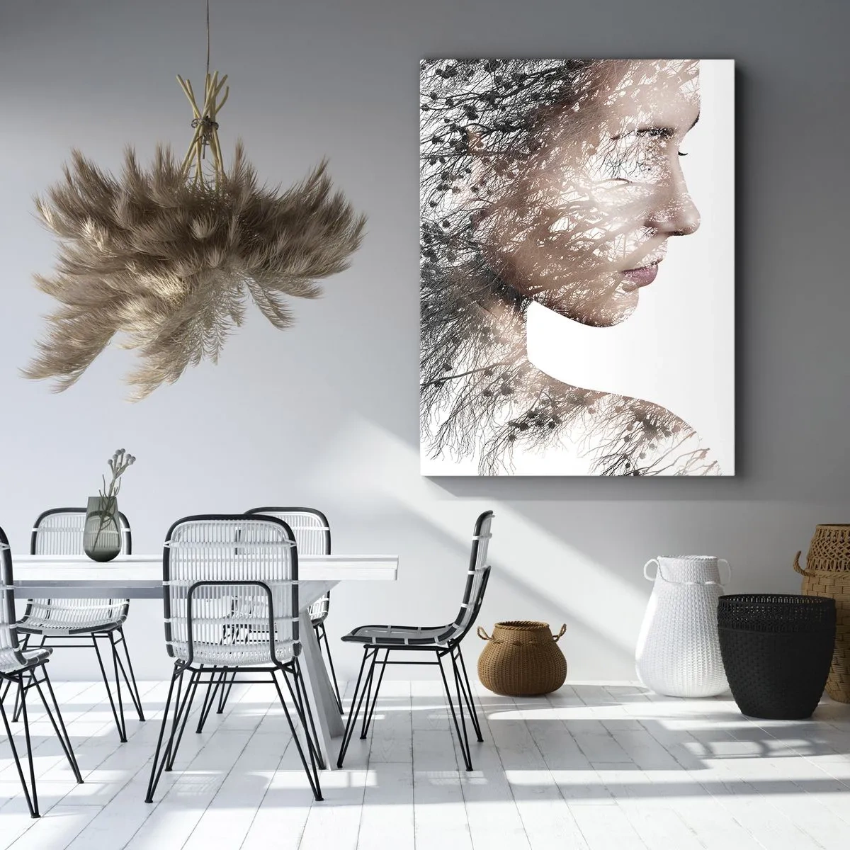 Quadro su tela - Stampe su Tela - Silhouette di una donna con un motivo di ramo e uccello sullo sfondo - 50x70cm - Lo spirito della foresta - Decorazione murale moderna per soggiorno e camera da letto ARTTOR