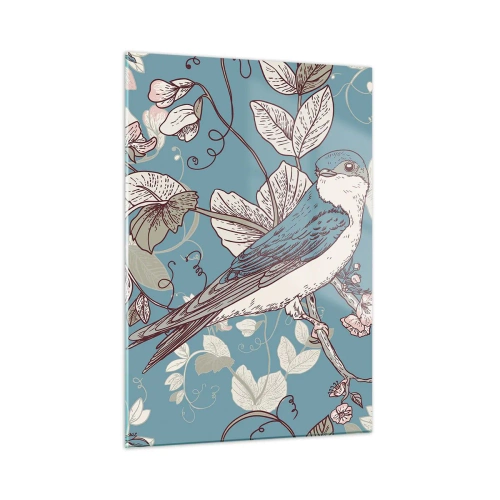 Quadro su vetro - Un uccello su un ramo tra i fiori su uno sfondo turchese - 50x70cm - Sul pioppo riflessi e cinguettii - Decorazione murale moderna per soggiorno e camera da letto ARTTOR