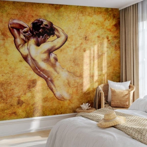 Fotomurali Premium Canvas - Nudo femminile artistico su sfondo dorato in stile classico - 100x70cm - Nuda, ma sempre misteriosa - Decorazione murale moderna per soggiorno e camera da letto ARTTOR