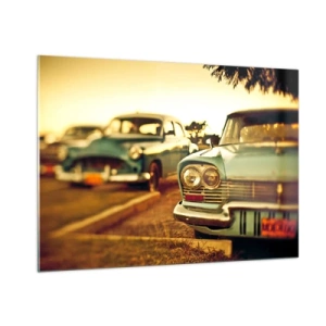 Quadro su vetro - Auto retrò nella calda luce del tramonto - 100x70cm - Aspettiamo, vediamo - Decorazione murale moderna per soggiorno e camera da letto ARTTOR