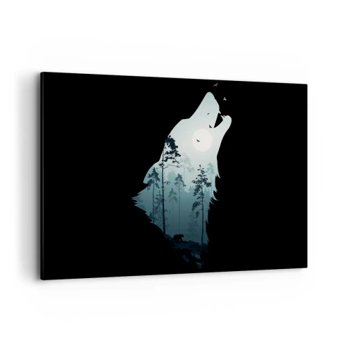 Quadro su tela - Stampe su Tela - Silhouette di un lupo con una foresta e la luna sullo sfondo - 120x80cm - Voce di una notte boschiva - Decorazione murale moderna per soggiorno e camera da letto ARTTOR