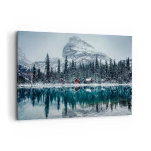 Quadro su tela - Stampe su Tela - Paesaggio invernale con cottage nella foresta vicino a un lago ghiacciato - 120x80cm - Rifugio canadese - Decorazione murale moderna per soggiorno e camera da letto ARTTOR