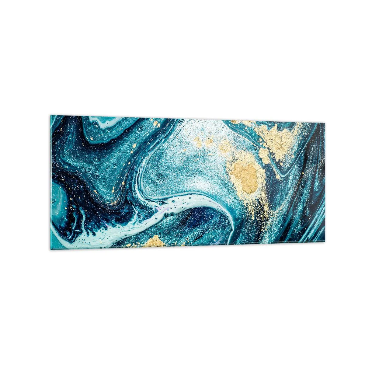 Quadro su vetro - Una composizione astratta di onde e accenti dorati - 120x50cm - Vortice blu - Decorazione murale moderna per soggiorno e camera da letto ARTTOR