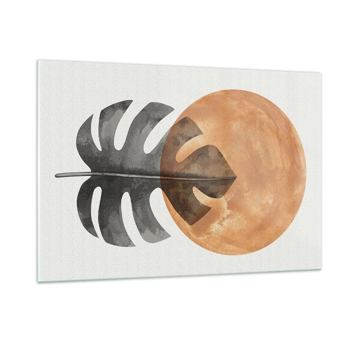 Quadro su vetro - Foglia di monstera e cerchio arancione in stile grafico su sfondo bianco. - 120x80cm - Sempre il sole - Decorazione murale moderna per soggiorno e camera da letto ARTTOR