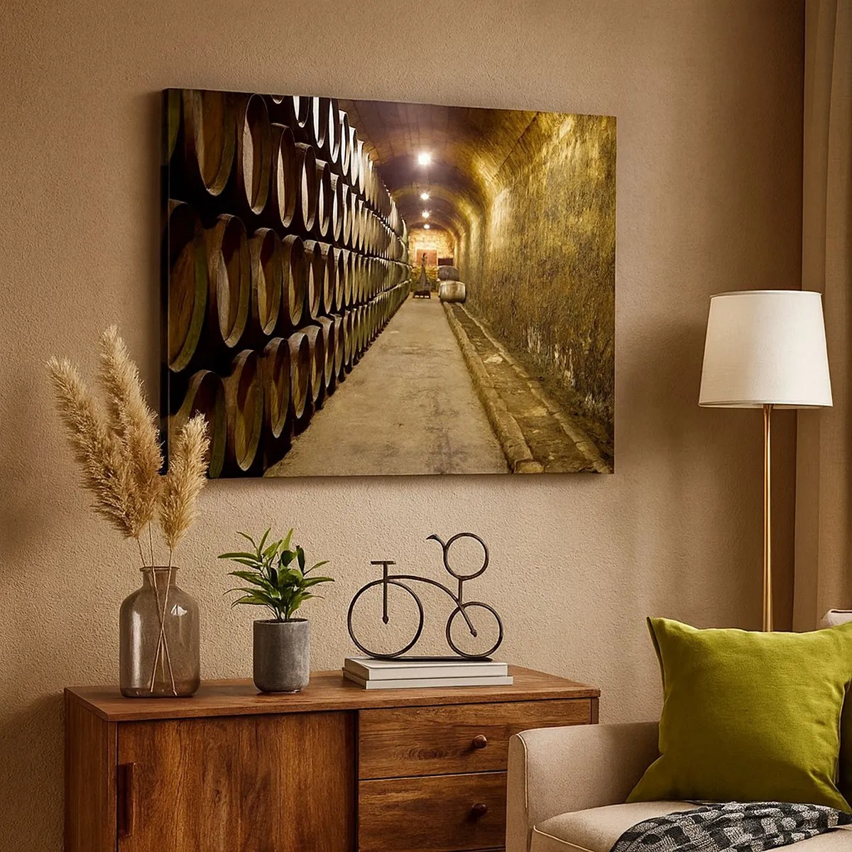 Quadro su tela - Stampe su Tela - Una cantina con botti di legno per il vino disposte in file - 70x50cm - È bene riposare - Decorazione murale moderna per soggiorno e camera da letto ARTTOR