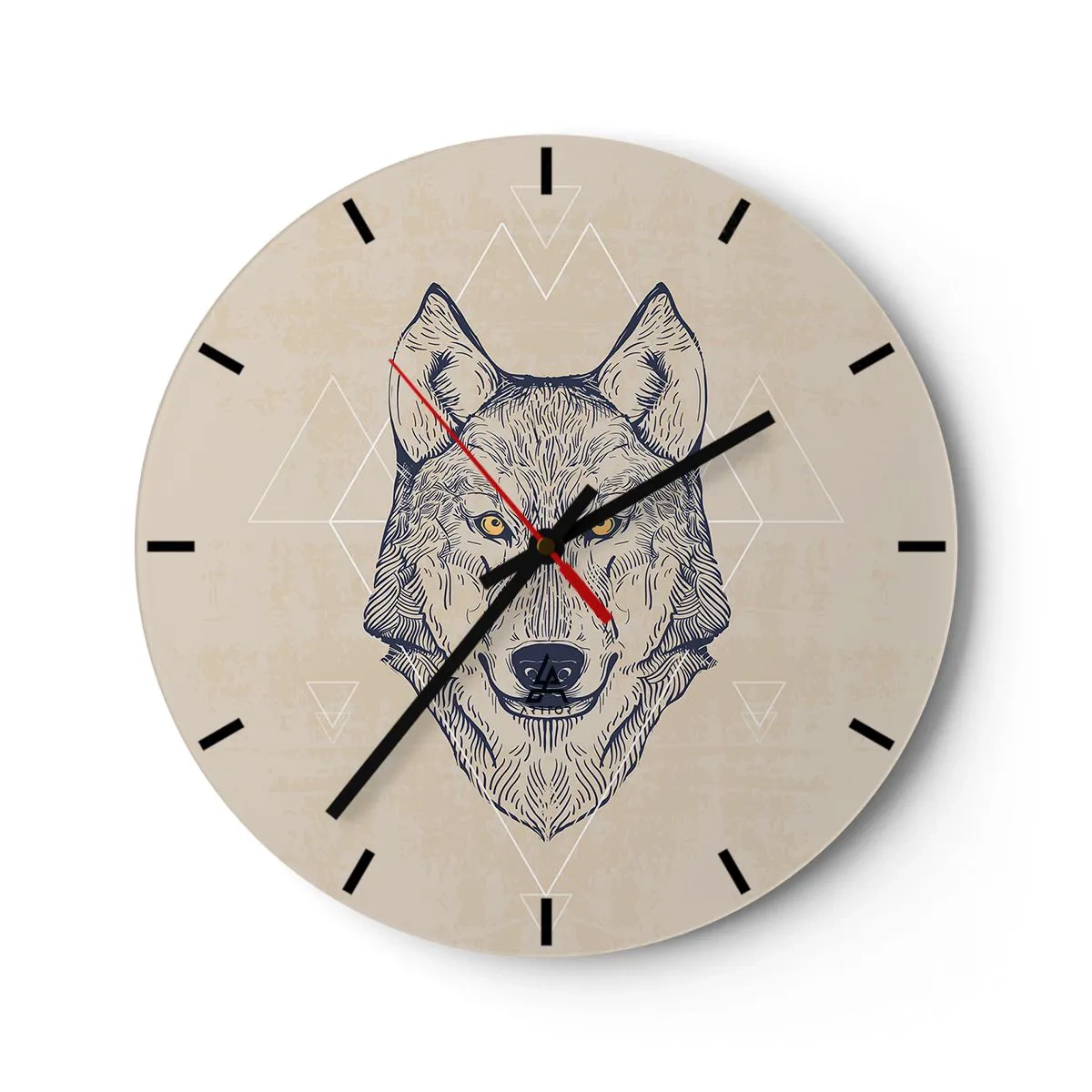 Orologio da parete - Orologio in Vetro - Illustrazione di un lupo su sfondo beige con motivi geometrici - 30x30cm - Alfa dallo sguardo penetrante - Decorazione murale moderna per soggiorno, cucina e camera da letto ARTTOR
