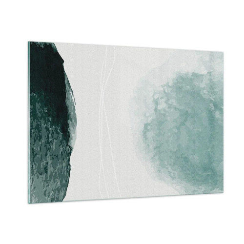 Quadro su vetro - Forme astratte verdi su uno sfondo chiaro che ricordano la nebbia - 100x70cm - Incontro con la nebbia - Decorazione murale moderna per soggiorno e camera da letto ARTTOR