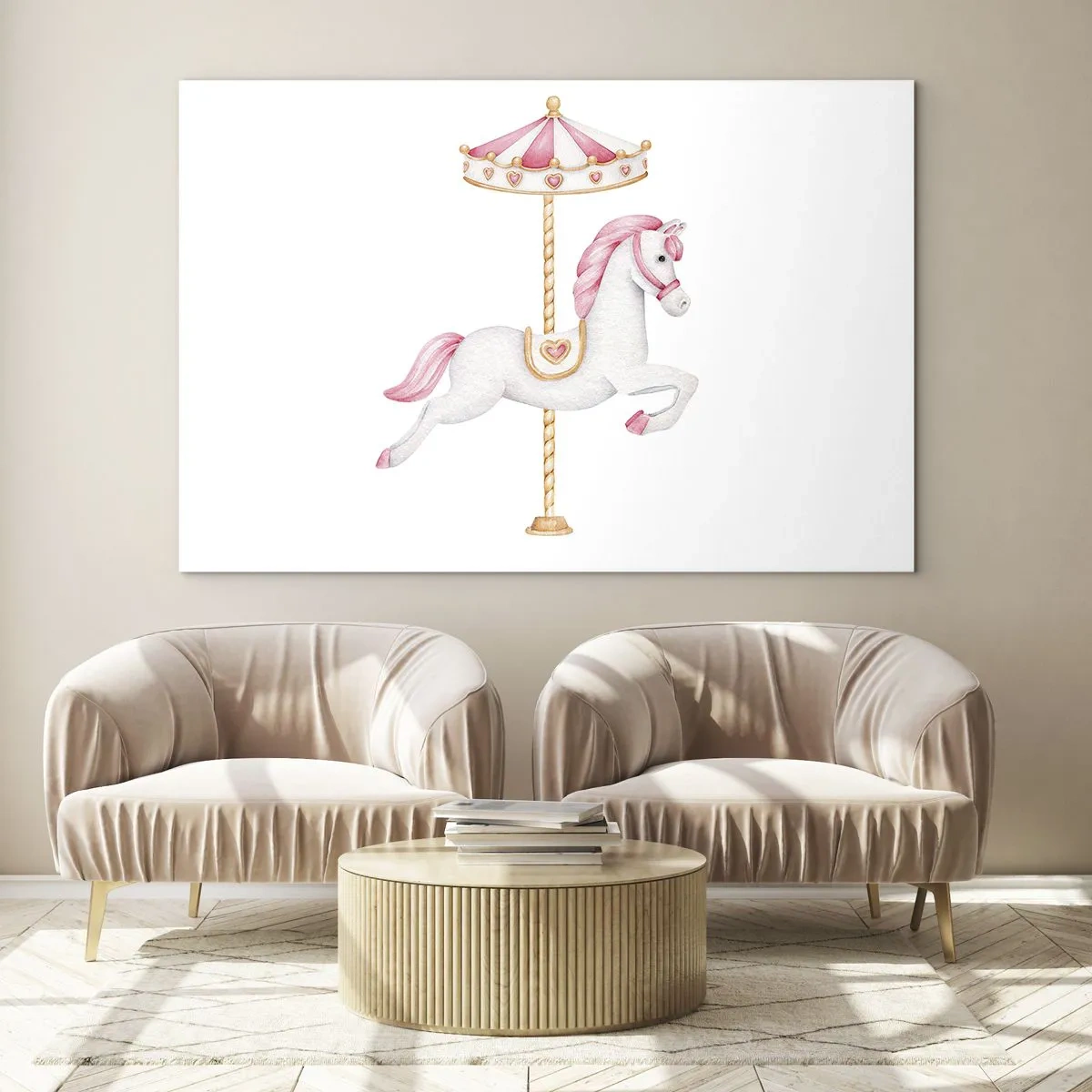 Quadro su vetro - Cavallo da giostra rosa e bianco su sfondo bianco - 70x50cm - Partito al galoppo. - Decorazione murale moderna per soggiorno e camera da letto ARTTOR