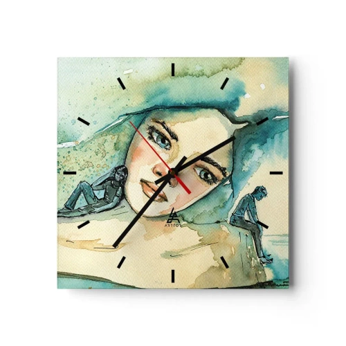 Orologio da parete - Orologio in Vetro - Acquerello del volto di una donna con motivo riflettente - 30x30cm - Am I blue? - Decorazione murale moderna per soggiorno e camera da letto ARTTOR