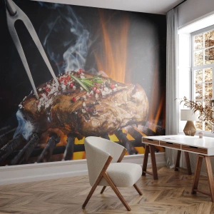 Fotomurali Premium Sand - Bistecca succosa alla griglia con il fuoco sullo sfondo - 100x70cm - Succosa e profumata - Decorazione murale moderna per soggiorno e camera da letto ARTTOR