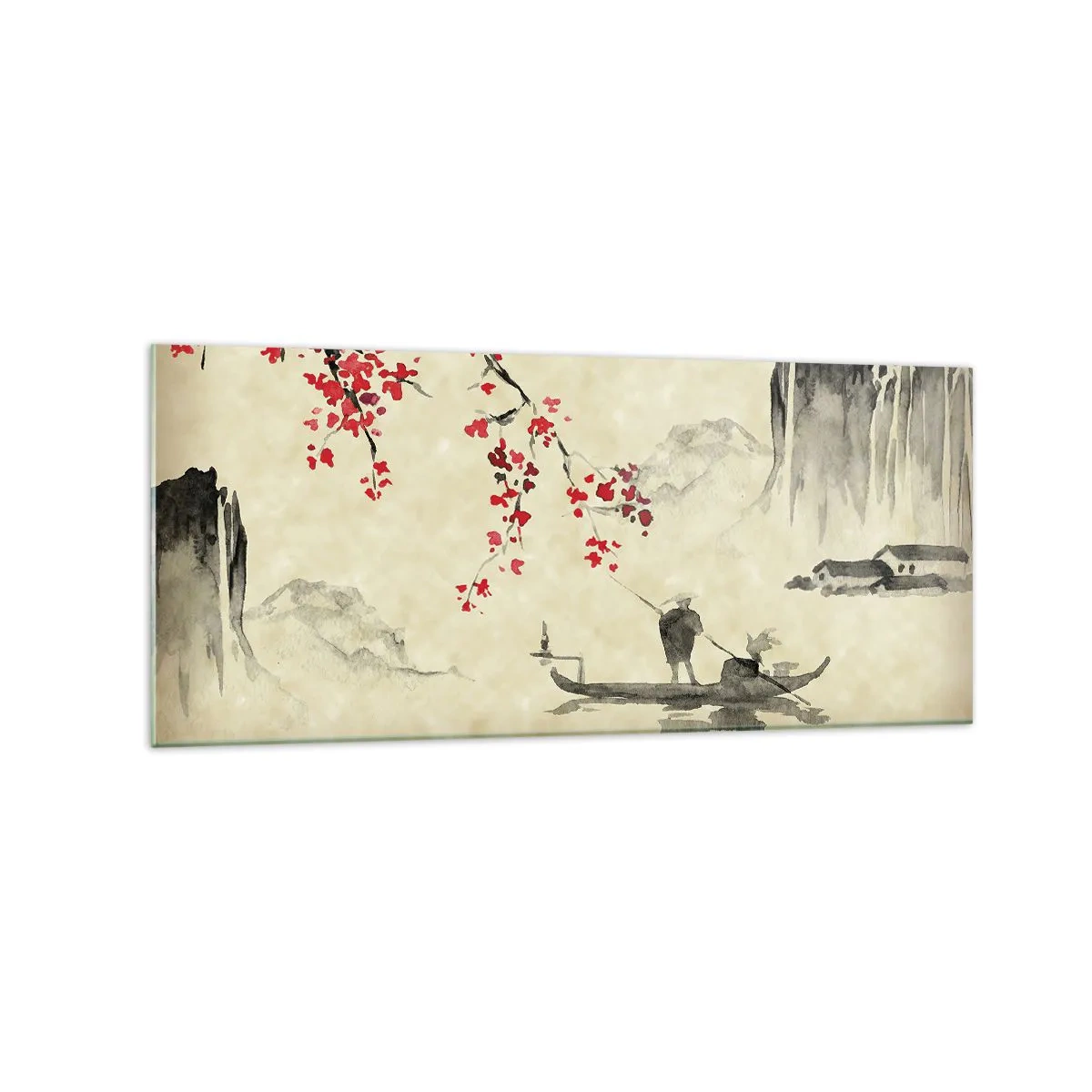 Quadro su vetro - Illustrazione orientale con una barca e un ramo fiorito - 120x50cm - Nel paese dei ciliegi in fiore - Decorazione murale moderna per soggiorno e camera da letto ARTTOR