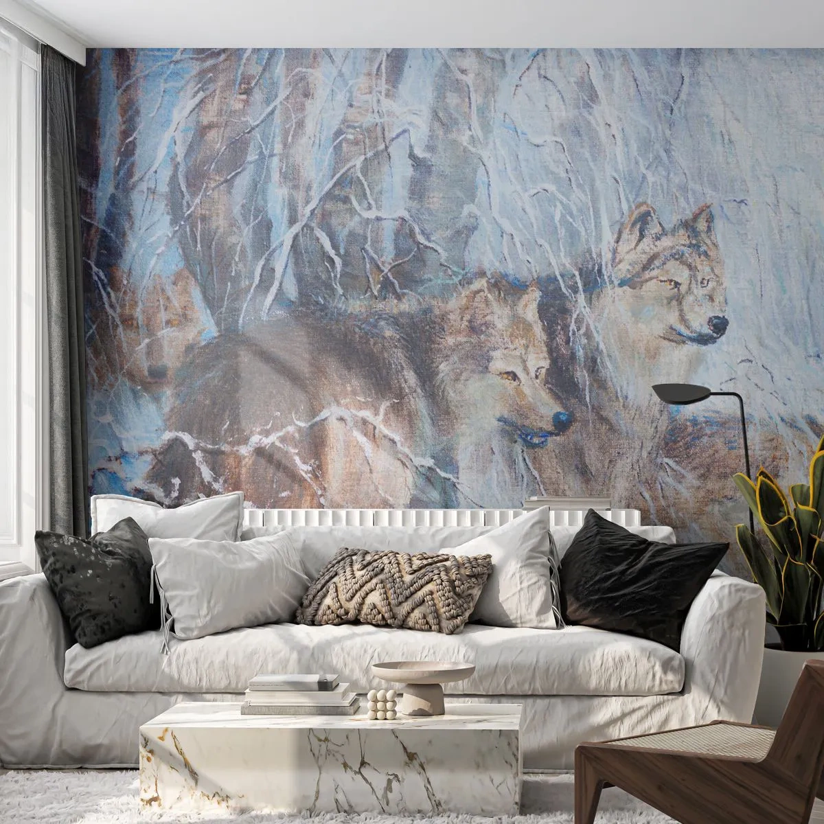 Fotomurali Premium Sand - Lupi in una foresta invernale circondati dalla neve - 100x70cm - Attenzione! In arrivo... - Decorazione murale moderna per soggiorno e camera da letto ARTTOR