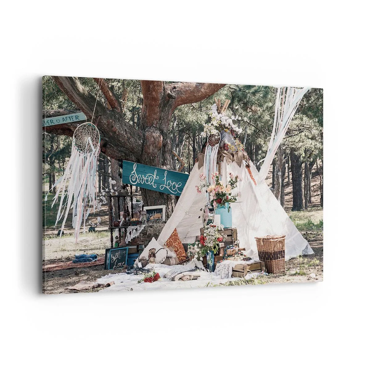 Quadro su tela - Stampe su Tela - Decorazione boho con un teepee nella foresta - 120x80cm - Make love... - Decorazione murale moderna per soggiorno e camera da letto ARTTOR