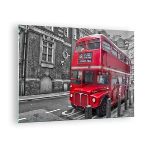 Quadro su vetro - Un autobus rosso di Londra su uno sfondo di strada bianco e nero - 70x50cm - Sempre lo stesso - Decorazione murale moderna per soggiorno e camera da letto ARTTOR