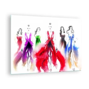 Quadro su vetro - Schizzo di donne in abiti da sera colorati - 70x50cm - Voglia di vestiti - Decorazione murale moderna per soggiorno e camera da letto ARTTOR