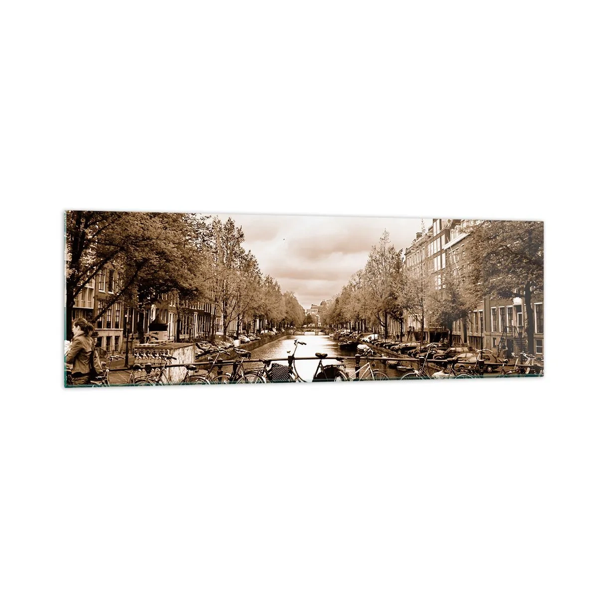 Quadro su vetro - Ponte ciclabile sul canale in seppia - 160x50cm - Atmosfera olandese - Decorazione murale moderna per soggiorno e camera da letto ARTTOR