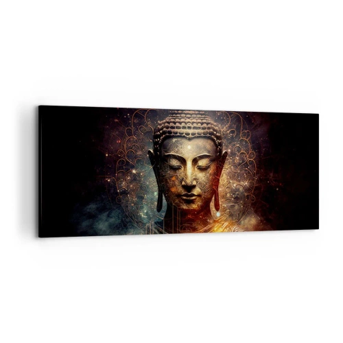 Quadro su tela - Stampe su Tela - Buddha dorato su sfondo scuro con ornamenti - 120x50cm - Equilibrio spirituale - Decorazione murale moderna per soggiorno e camera da letto ARTTOR
