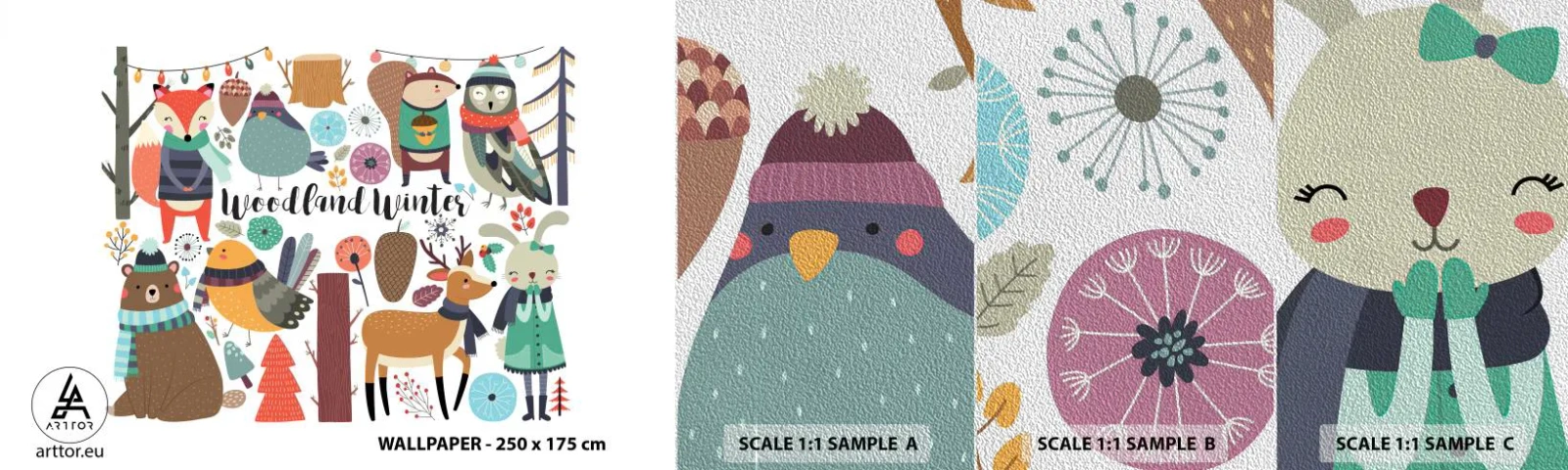 Campione di Fotomurale Premium Sand - Le feste incantate nel bosco - Per bambini, Inverno Nella Foresta, Animali - 100x30 cm