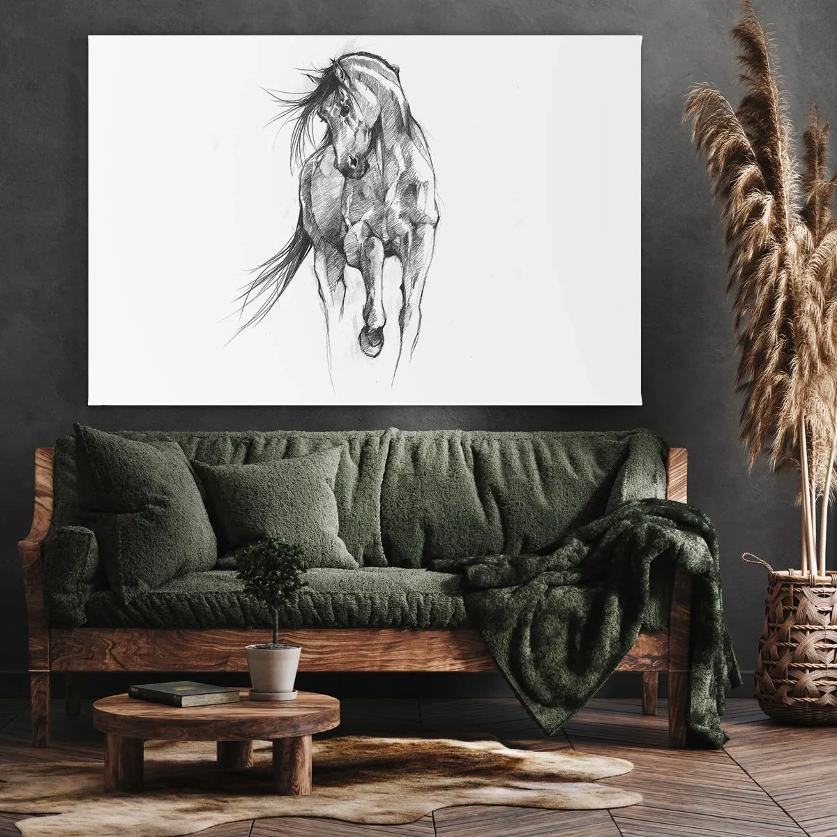 Quadro su tela - Stampe su Tela - Schizzo in bianco e nero di un cavallo al galoppo - 100x70cm - Trotto aggraziato - Decorazione murale moderna per soggiorno e camera da letto ARTTOR