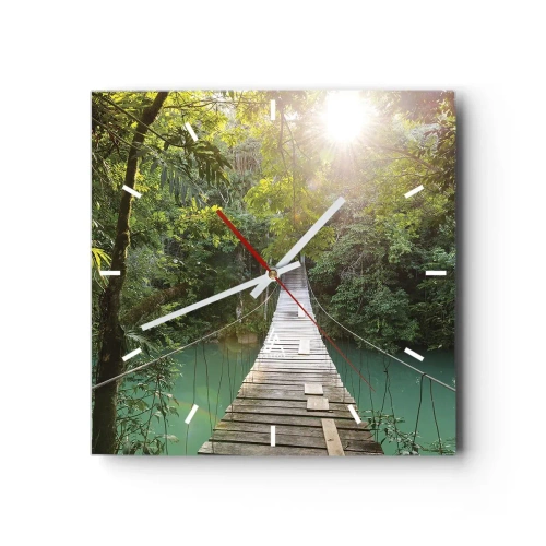 Orologio da parete - Orologio in Vetro - Un ponte sospeso in una foresta tropicale illuminato dalla luce del sole. - 30x30cm - Sull'acqua azzurra verso il bosco azzurro - Decorazione murale moderna per soggiorno e camera da letto ARTTOR