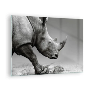 Quadro su vetro - Un rinoceronte in movimento su uno sfondo grigio - 70x50cm - Forza irrefrenabile - Decorazione murale moderna per soggiorno e camera da letto ARTTOR