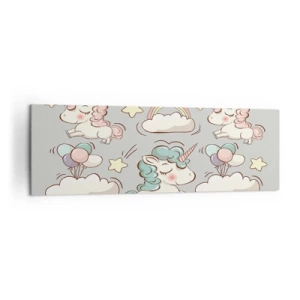 Quadro su tela - Stampe su Tela - Simpatici unicorni su sfondo pastello - 160x50cm - Sicuramente esistono… - Decorazione murale moderna per soggiorno e camera da letto ARTTOR