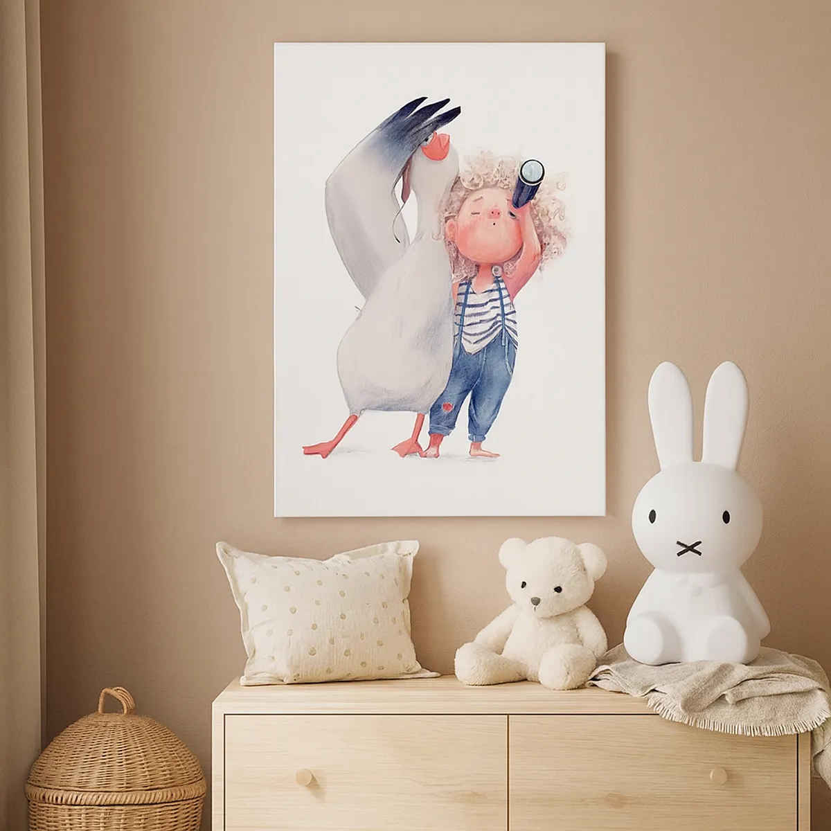 Quadro su tela - Stampe su Tela - Illustrazione di un bambino con un pellicano e un telescopio in mano - 50x70cm - Il progetto di un grande viaggio - Decorazione murale moderna per soggiorno e camera da letto ARTTOR