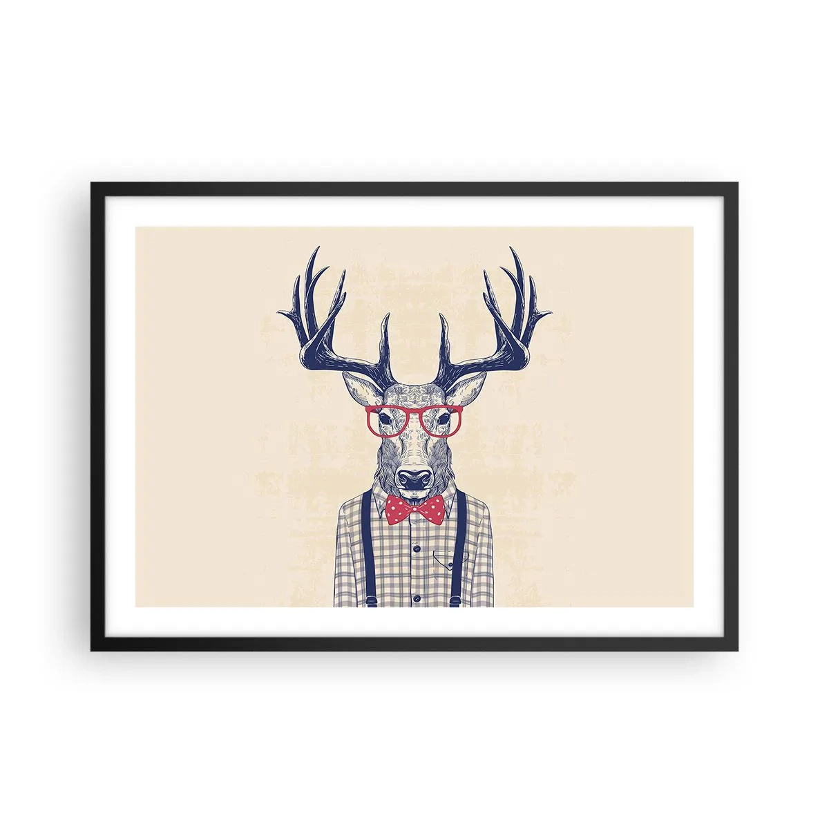 Poster in cornice nera - Grafica stilizzata di un cervo con occhiali e papillon - 70x50cm - Divertente stravaganza - Decorazione murale moderna per soggiorno e camera da letto ARTTOR