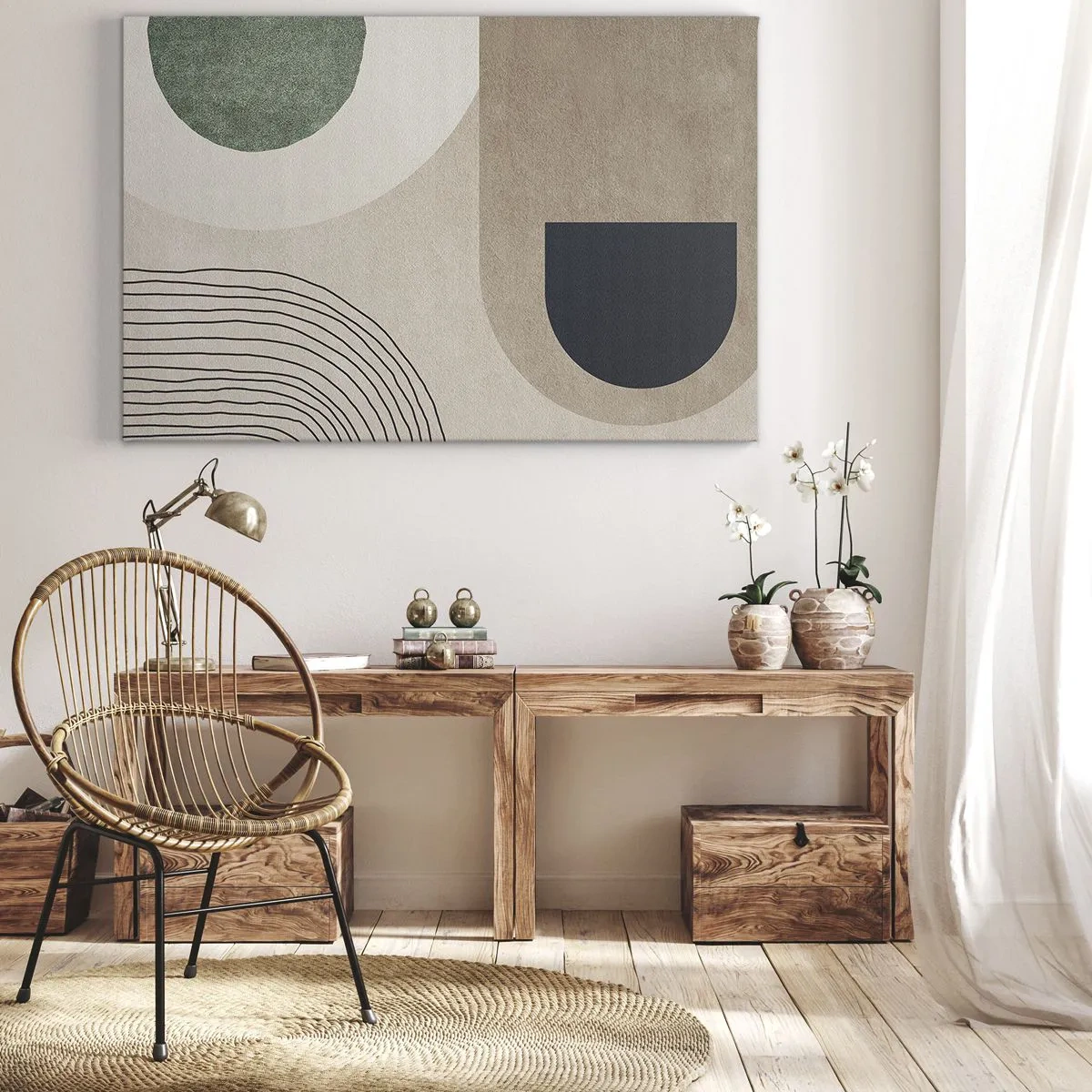 Quadro su tela - Stampe su Tela - Forme geometriche nei toni del beige e del verde - 100x70cm - La mitezza dell'ovale - Decorazione murale moderna per soggiorno e camera da letto ARTTOR