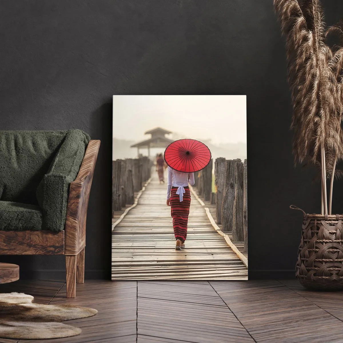 Quadro su tela - Stampe su Tela - Una donna con un ombrello rosso su un ponte di legno - 50x70cm - Sul vecchio ponte - Decorazione murale moderna per soggiorno e camera da letto ARTTOR
