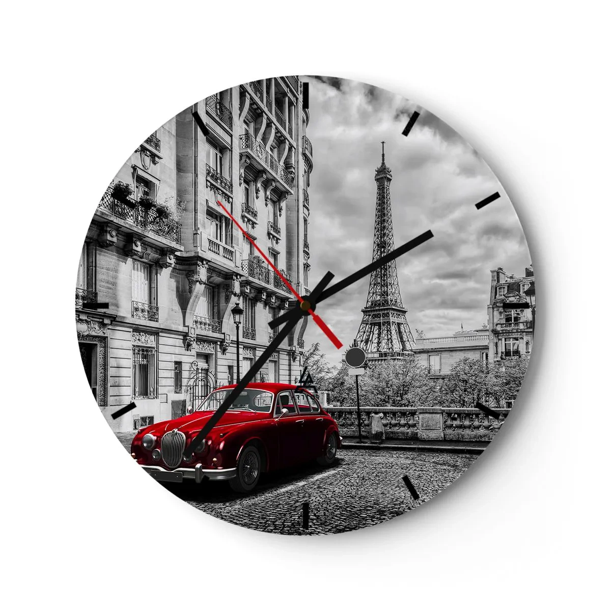 Orologio da parete - Orologio in Vetro - Vista in bianco e nero della Torre Eiffel con un'auto retrò rossa - 30x30cm - Predatore in città - Decorazione murale moderna per soggiorno, cucina e camera da letto ARTTOR