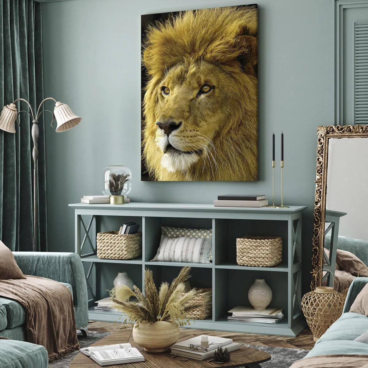 Quadro su tela - Stampe su Tela - Ritratto di un leone con una maestosa criniera su uno sfondo scuro - 50x70cm - Ritratto del re - Decorazione murale moderna per soggiorno e camera da letto ARTTOR