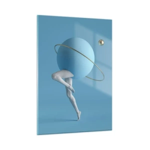 Quadro su vetro - Una composizione minimalista di un pianeta con gambe umane su sfondo blu. - 50x70cm - E i pianeti folleggiano - Decorazione murale moderna per soggiorno e camera da letto ARTTOR