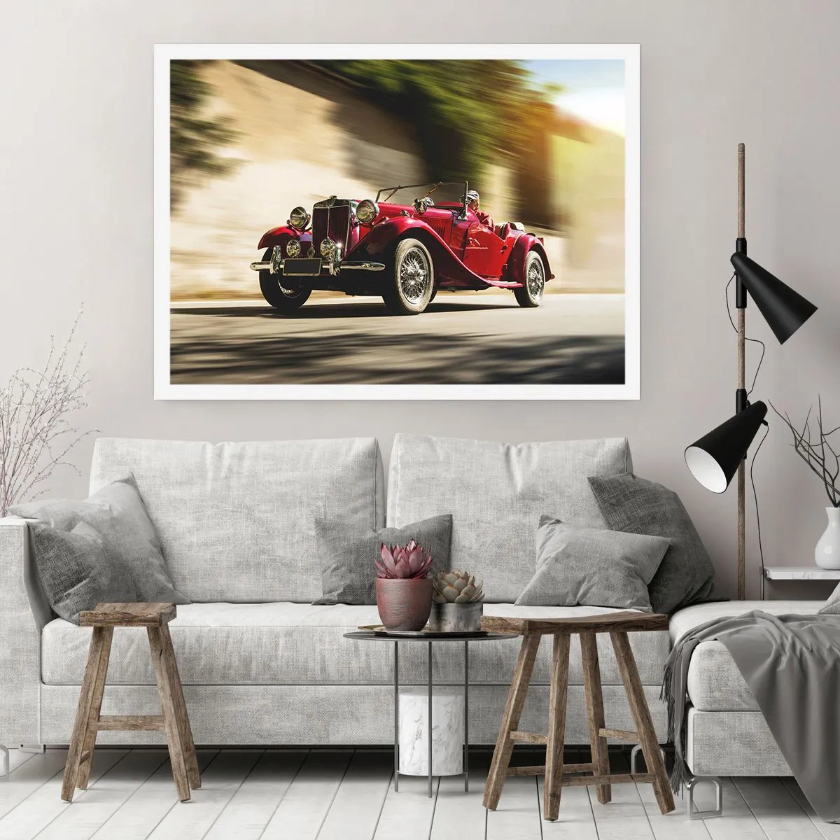 Poster - Auto d'epoca rossa in movimento su una strada soleggiata - 100x70cm - Più bella della Nike di Samotracia - Decorazione murale moderna per soggiorno e camera da letto ARTTOR