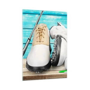 Quadro su vetro - Accessori da golf su uno sfondo di legno - 50x70cm - Tutto è pronto - Decorazione murale moderna per soggiorno e camera da letto ARTTOR