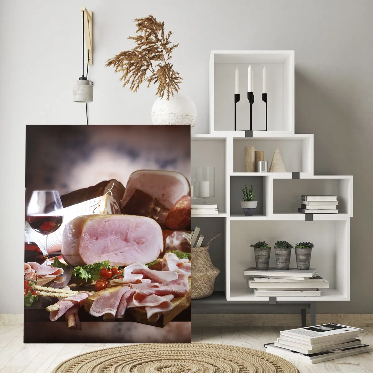 Quadro su vetro - Affettati con vino su sfondo rustico - 70x100cm - Sogno culinario con caraffa - Decorazione murale moderna per soggiorno e camera da letto ARTTOR