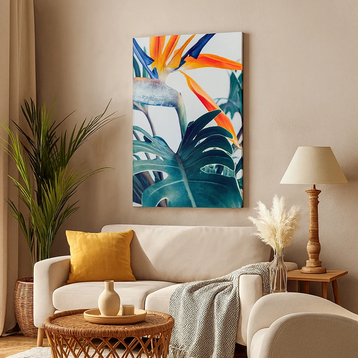 Quadro su tela - Stampe su Tela - Fiore di Strelitzia circondato da foglie in piena luce - 50x70cm - Pianta uccello - Decorazione murale moderna per soggiorno e camera da letto ARTTOR