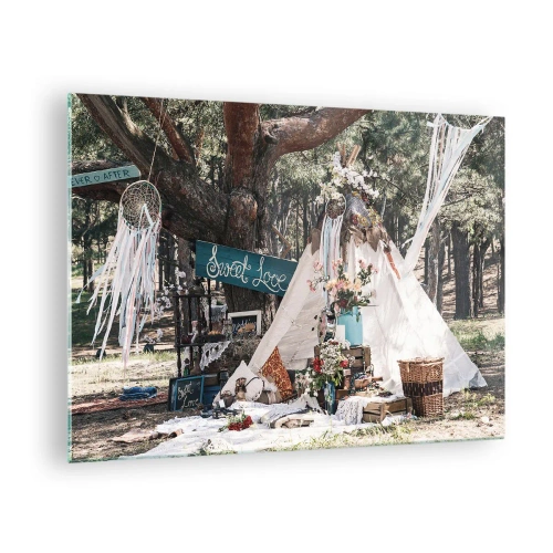 Quadro su vetro - Decorazione da esterno boho con un tepee e fiori nella foresta - 70x50cm - Make love... - Decorazione murale moderna per soggiorno e camera da letto ARTTOR