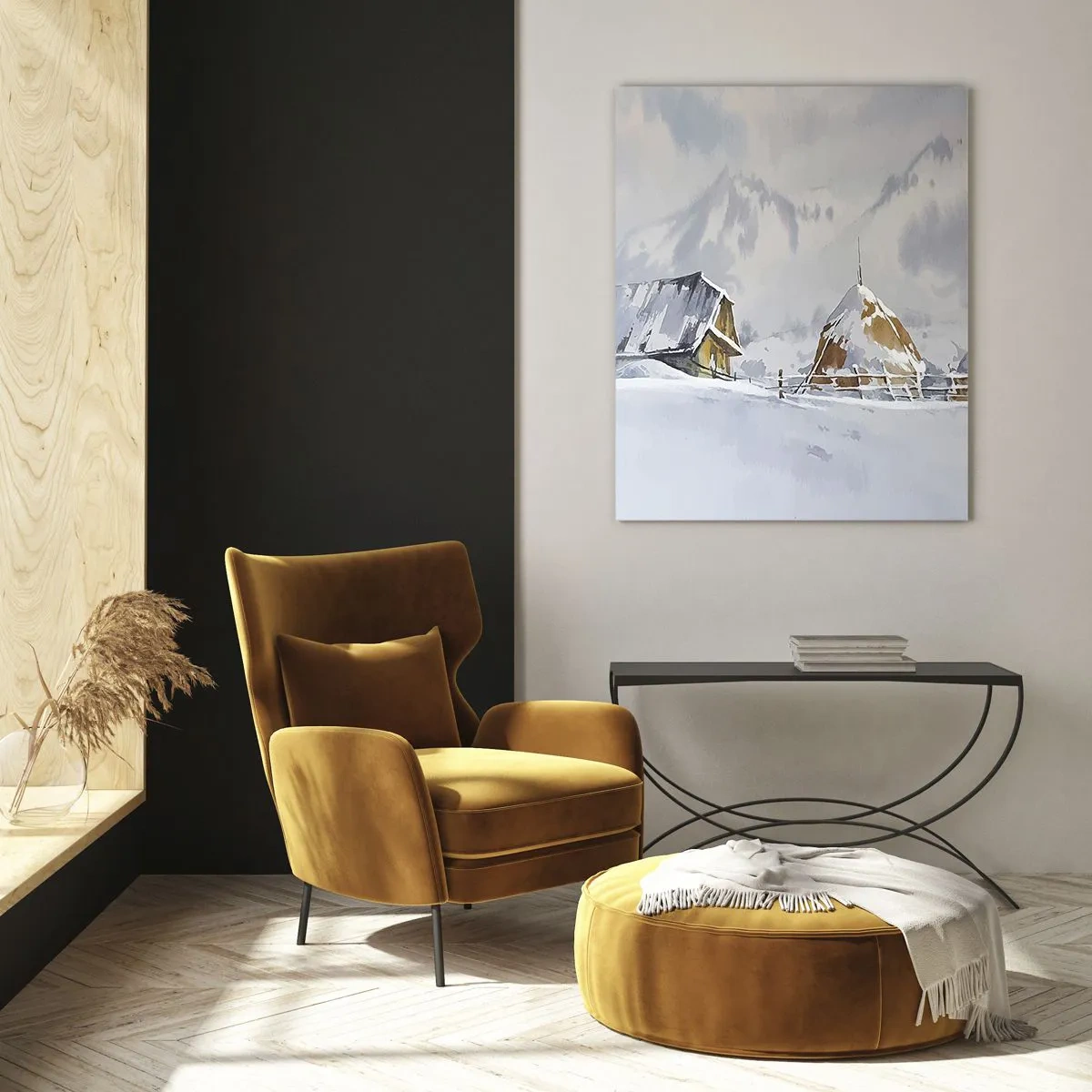 Quadro su vetro - Paesaggio invernale con una casetta e pagliai in montagna - 70x100cm - Nella valle innevata - Decorazione murale moderna per soggiorno e camera da letto ARTTOR