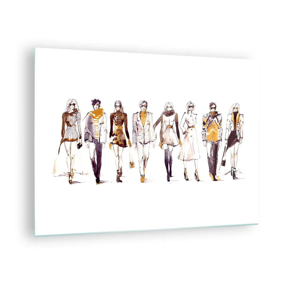 Quadro su vetro - Gruppo di personaggi alla moda in stile schizzo su sfondo bianco - 70x50cm - Chic naturale, eleganza casual - Decorazione murale moderna per soggiorno e camera da letto ARTTOR