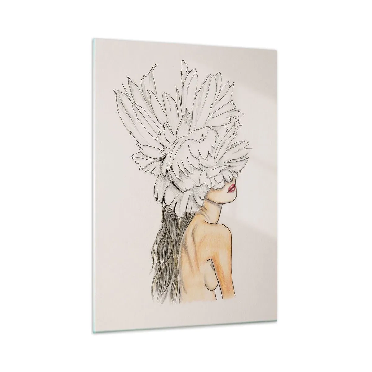 Quadro su vetro - Un disegno di una donna con i capelli lunghi e una corona di grandi piume - 50x70cm - Bellezza coronata - Decorazione murale moderna per soggiorno e camera da letto ARTTOR