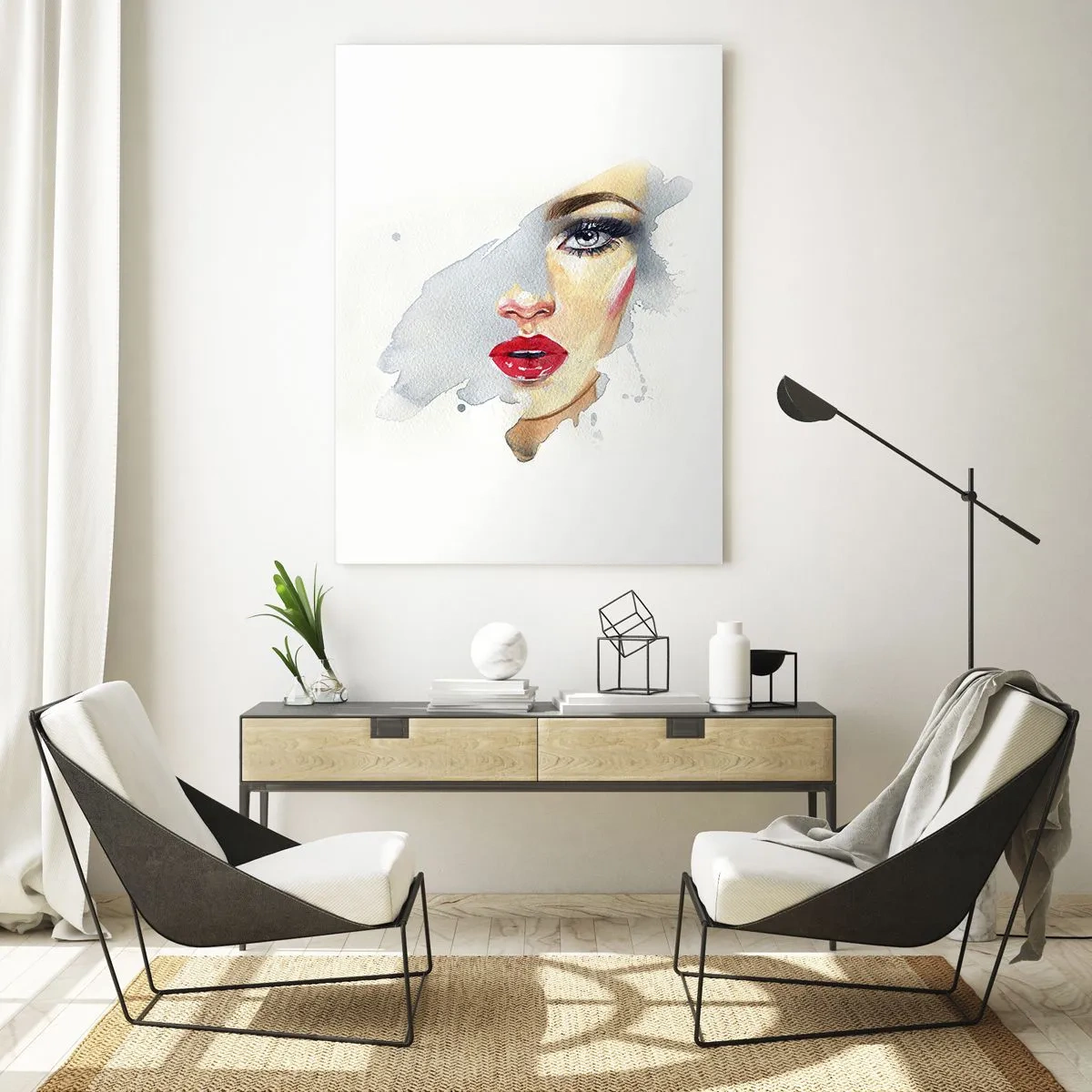 Quadro su vetro - Ritratto ad acquerello di una donna con labbra rosse - 50x70cm - Riflesso in una goccia d'acqua - Decorazione murale moderna per soggiorno e camera da letto ARTTOR