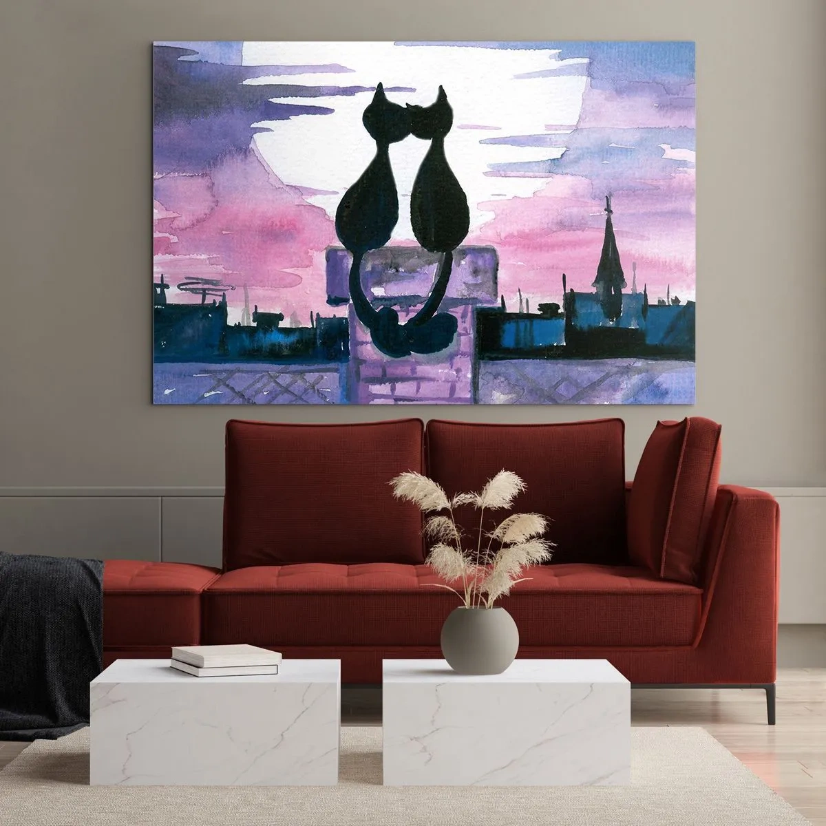 Quadro su vetro - Sagome di due gatti contro il sole al tramonto - 100x70cm - Appuntamento sotto la luna - Decorazione murale moderna per soggiorno e camera da letto ARTTOR