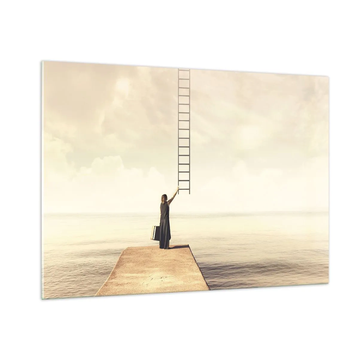 Quadro su vetro - Donna su un molo con una scala che porta al paradiso - 100x70cm - Viaggio magico - Decorazione murale moderna per soggiorno e camera da letto ARTTOR