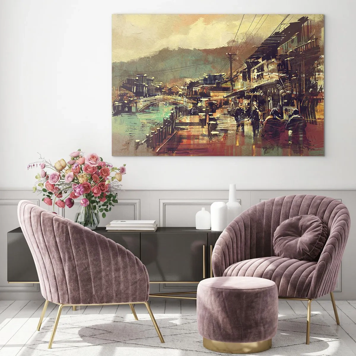 Quadro su vetro - Paesaggio urbano in stile pittorico con motivo di un ponte e di un canale. - 100x70cm - La vita come ricchezza di grigio - Decorazione murale moderna per soggiorno e camera da letto ARTTOR