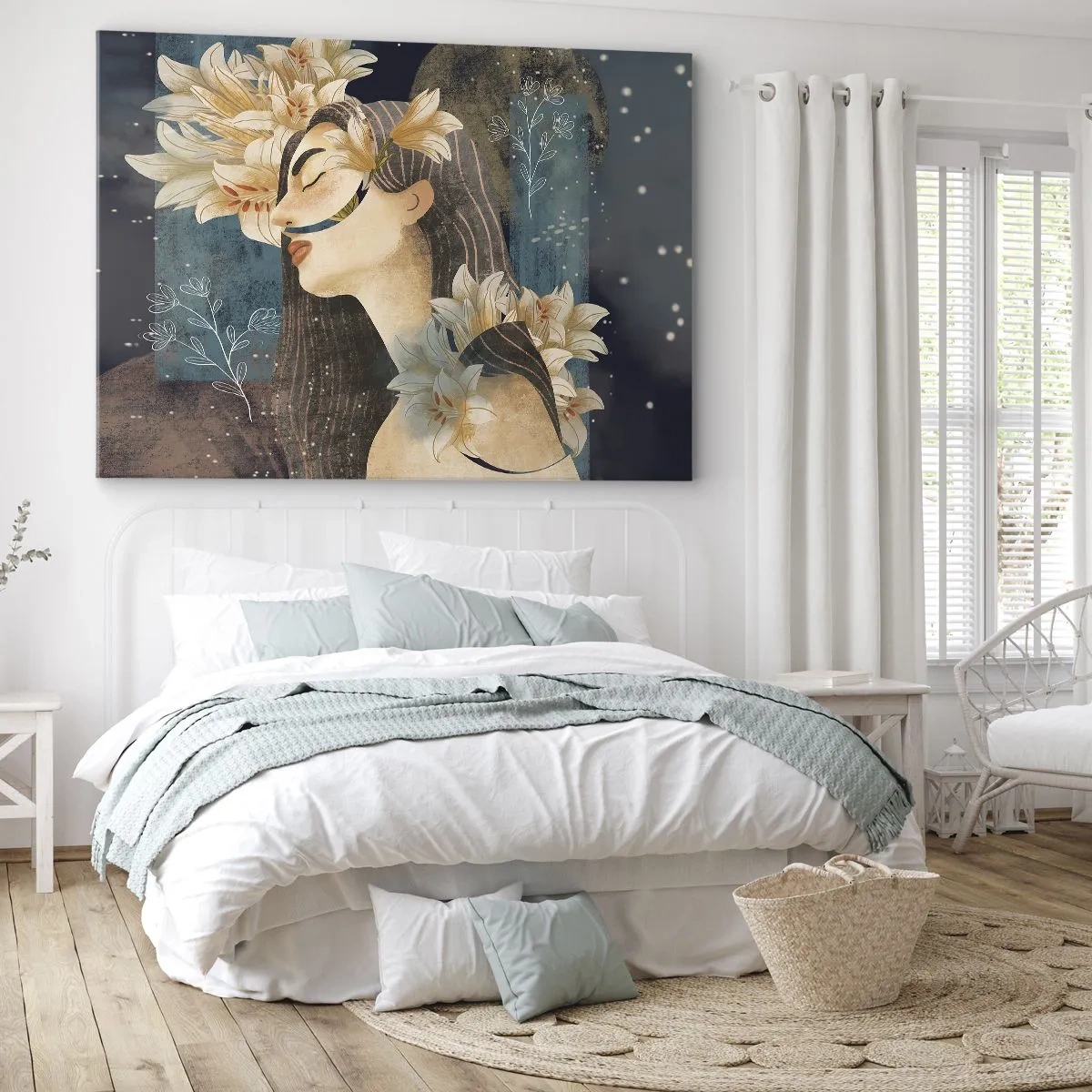 Quadro su tela - Stampe su Tela - Ritratto di una donna con fiori in stile artistico su sfondo scuro - 70x50cm - La favola della principessa con i gigli - Decorazione murale moderna per soggiorno e camera da letto ARTTOR