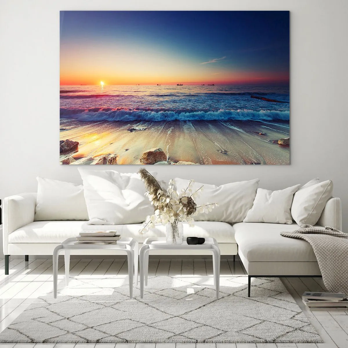 Quadro su vetro - Tramonto sulla spiaggia con onde dolci e mare calmo - 120x80cm - Cosa c'è dietro l'orizzonte? - Decorazione murale moderna per soggiorno e camera da letto ARTTOR
