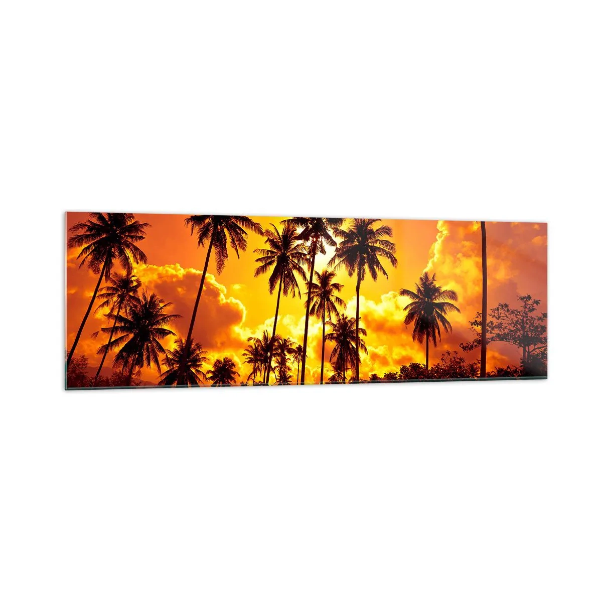 Quadro su vetro - Palme contro un cielo dorato durante un tramonto tropicale - 160x50cm - Bruciano i monti, bruciano i boschi - Decorazione murale moderna per soggiorno e camera da letto ARTTOR